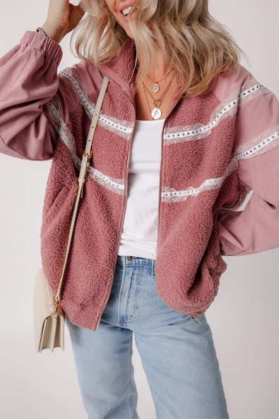 Kadın Sherpa Patchwork Dantel Detaylı Fermuarlı Ceket (Gül Pembesi)