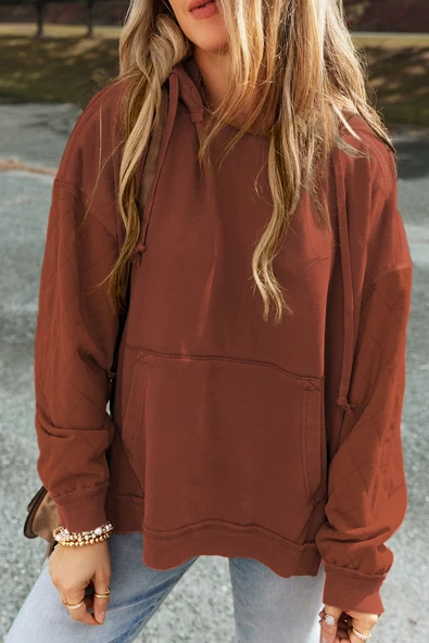 Kadın Kapitone Patchwork Dikiş Detaylı Hoodie (Kestane)