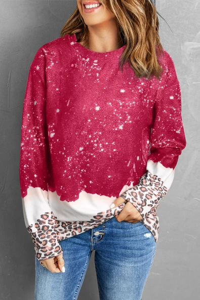 Kadın Leopar Desenli Sweatshirt (Kırmızı)