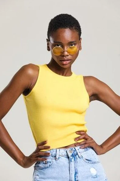 Kadın Esnek Süper Crop Halter Yaka Fitilli Örme BluzUR