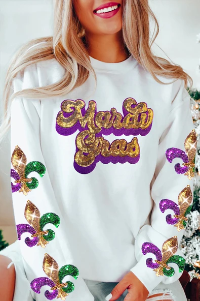 Kadın Bej Payetli Desenli Uzun Kollu Sweatshirt (Bej)