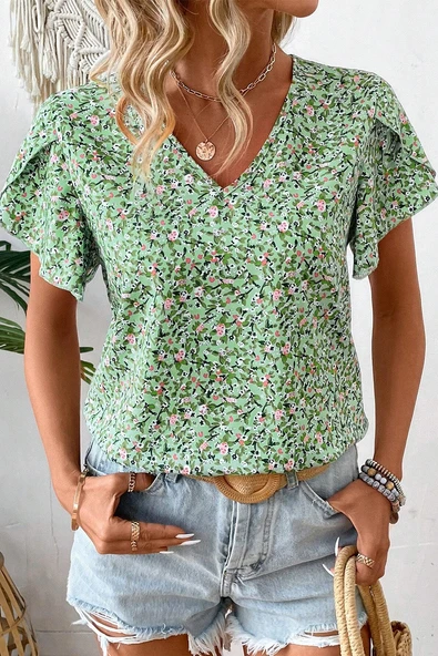 Kadın Yeşil Boho Çiçek Desenli V Yaka Kısa Kollu Bluz (Yeşil)