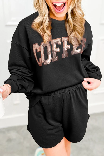 Kadın Siyah Payetli Sweatshirt ve Şort Takımı (Siyah)
