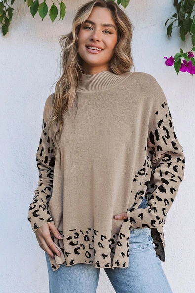 Kadın Yüksek Yaka Leopar Desenli Oversize Kazak (Haki)
