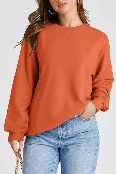 Kadın Bisiklet Yaka Uzun Kollu Sweatshirt (Turuncu)
