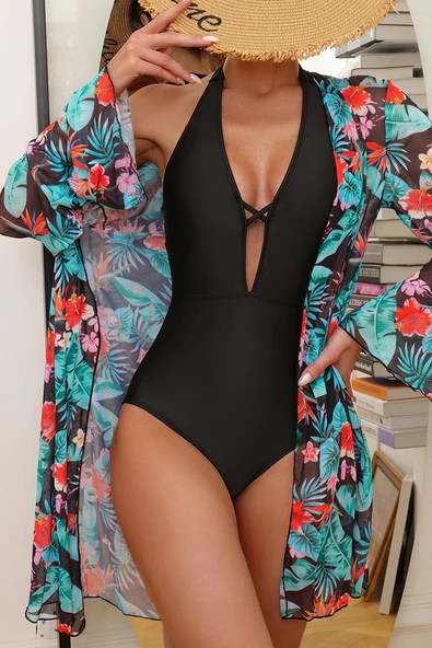 Çiçek Desenli Plaj Elbisesi ve Siyah Monokini (Siyah)