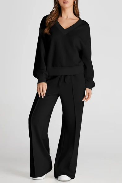 Kadın V Yaka Crop Top ve Yüksek Bel Dikişli Spor Giyim Takımı (Siyah)