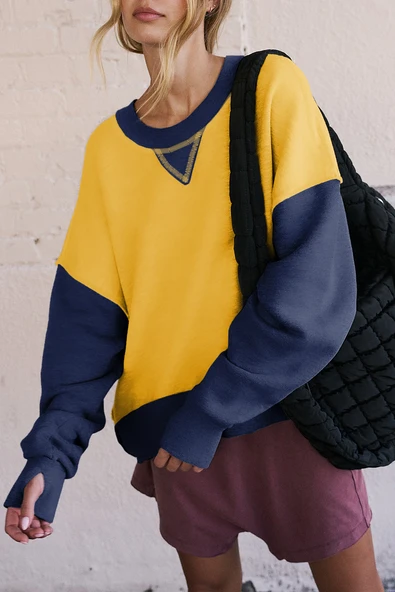 Kadın Renk Bloklu Uzun Kollu Sweatshirt (Sarı)