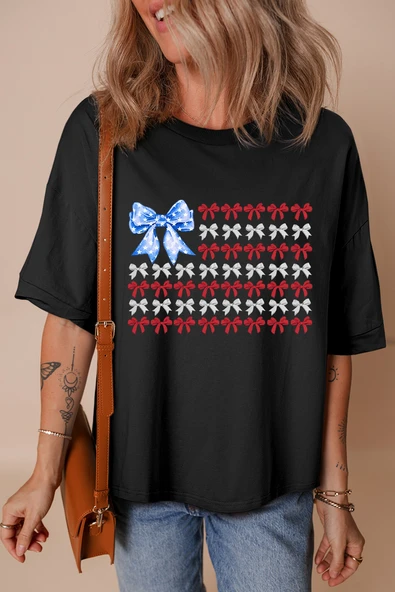 Amerikan Bayrağı Baskılı Kadın Tişört (Siyah)