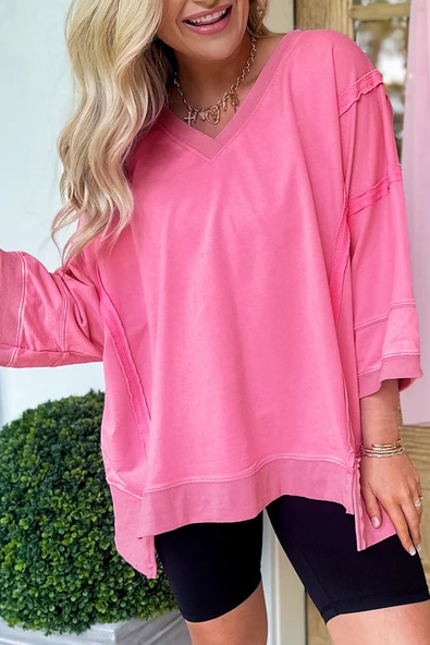 Kadın V Yaka Kol Detaylı T-shirt (Bonbon)