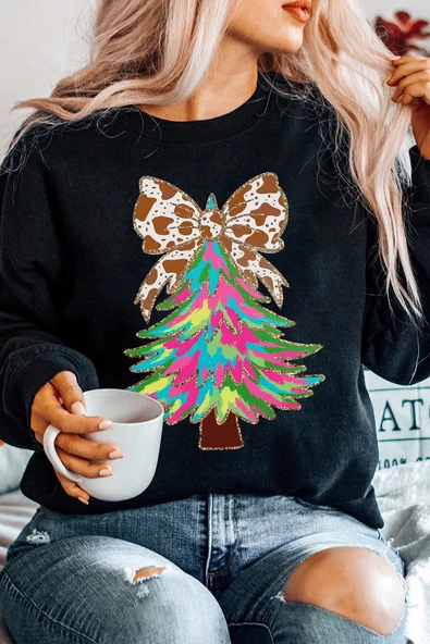 Kadın Noel Ağacı Baskılı Sweatshirt (Siyah)