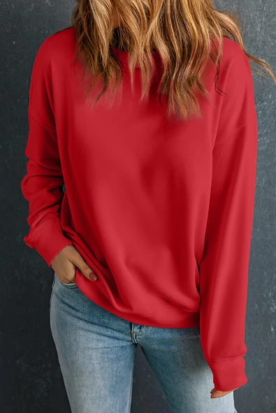 Kadın Bisiklet Yaka Uzun Kollu Sweatshirt (Kırmızı)