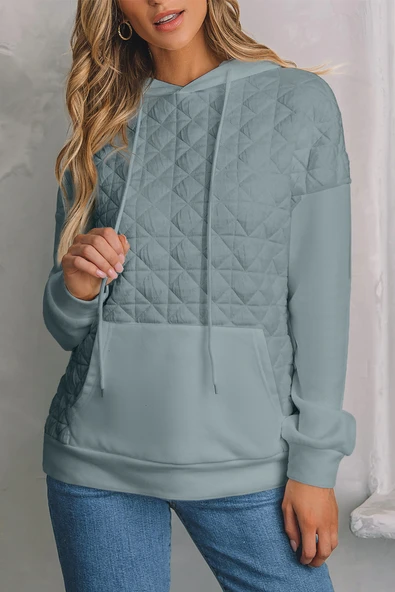 Kadın Kapüşonlu Kanguru Cepli Patchwork Hoodie (Açık Gri)