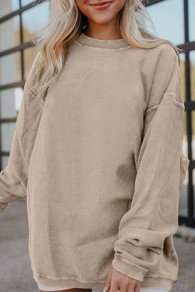 Kadın Fitilli Kadife Bol Kesim Sweatshirt (Füme Gri)