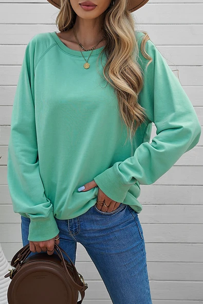 Kadın Pamuklu Bisiklet Yaka Sweatshirt (Yeşil)