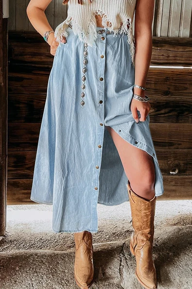 Kadın Düğmeli Uzun Denim Etek (Sis Mavisi)