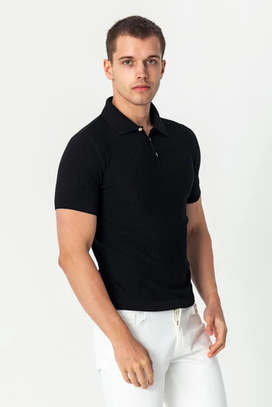 Erkek Polo Yaka Kendinden Desenli Viscon Elit İplikten Triko T-shirt - 5
