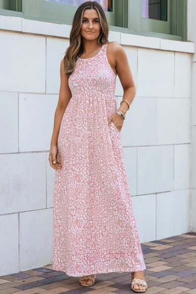 Kadın Leopar Desenli Kolsuz Maxi Elbise (Pembe)