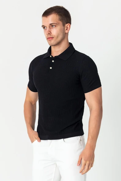 Erkek Polo Yaka Kendinden Desenli Viscon Elit İplikten Triko T-shirt - 4