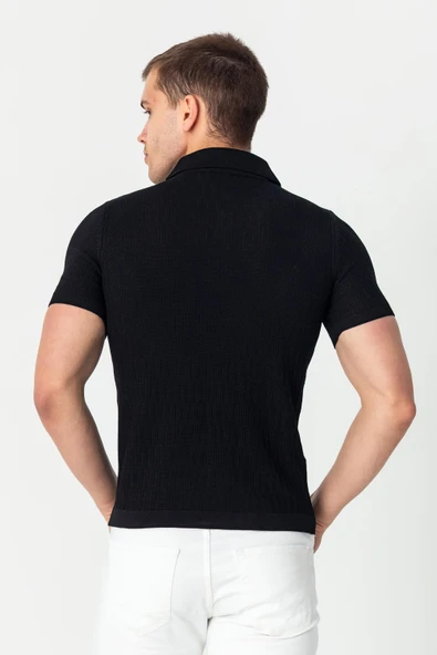 Erkek Polo Yaka Kendinden Desenli Viscon Elit İplikten Triko T-shirt - 3