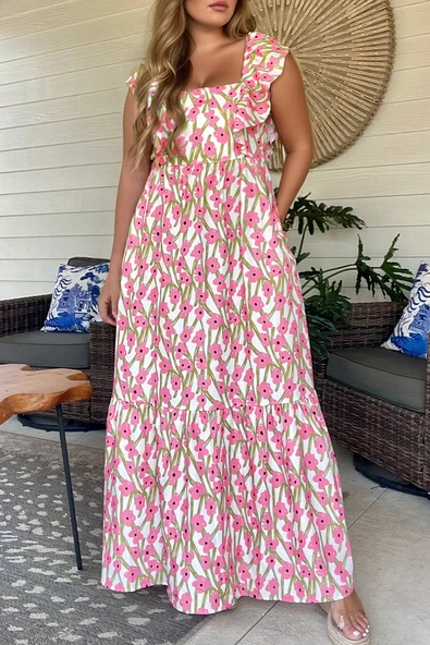 Çiçek Desenli Fırfırlı Maxi Elbise (Pembe)