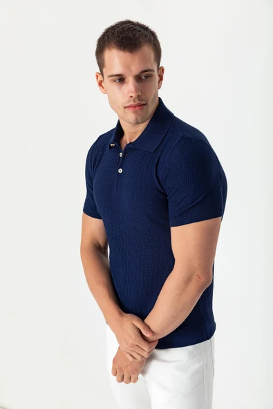 Erkek Polo Yaka Kendinden Desenli Viscon Elit İplikten Triko T-shirt - 6