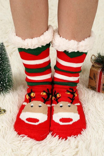 Noel Desenli Yün Örme Çorap (Ateşli Kırmızı)
