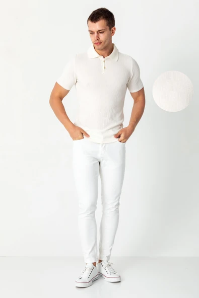 Erkek Polo Yaka Kendinden Desenli Viscon Elit İplikten Triko T-shirt - 12