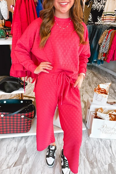 Kadın Ekose Desenli Pijama Takımı (Çilek Pembesi)