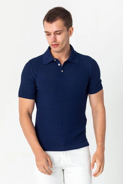 Erkek Polo Yaka Kendinden Desenli Viscon Elit İplikten Triko T-shirt - 8