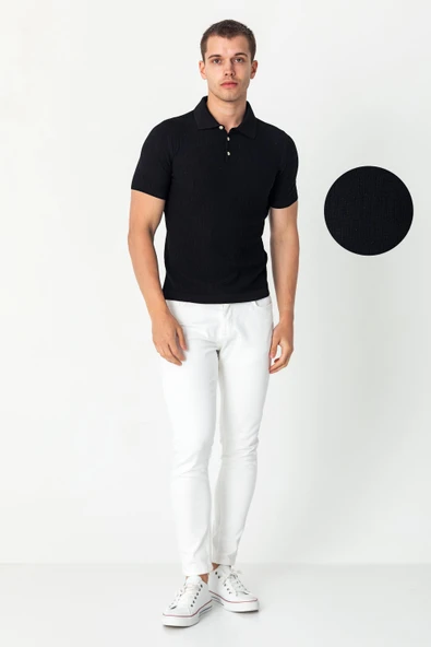 Erkek Polo Yaka Kendinden Desenli Viscon Elit İplikten Triko T-shirt - 2