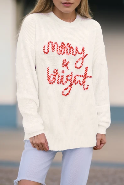 Kadın Noel Temalı Triko Kazak (Beyaz)