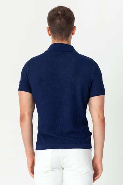 Erkek Polo Yaka Kendinden Desenli Viscon Elit İplikten Triko T-shirt - 10