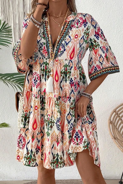 Bayan Çok Renkli Boho Desenli V Yaka Bilezik Kol Mini Elbise (Çok renkli)