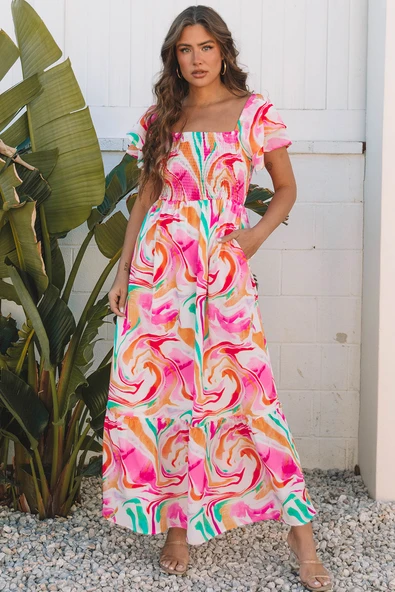Büzgülü Pembe Desenli Maxi Elbise (Pembe)