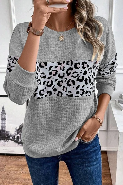 Kadın Gri Leopar Desenli Kapitone Sweatshirt (Gri)