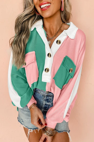 Kadın Pembe Renk Bloklu Ribanalı Yakalı Oversize Sweatshirt (Pembe)