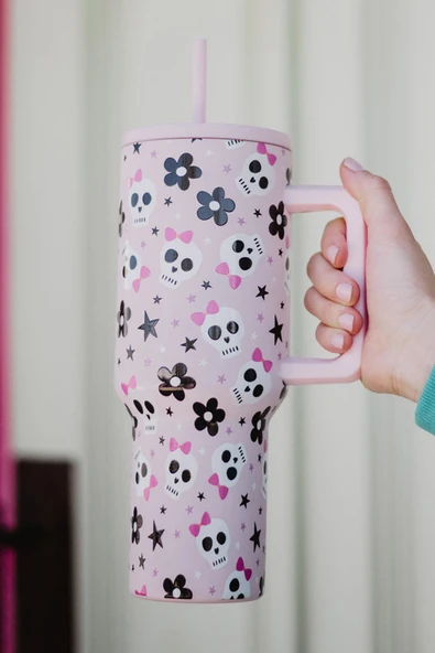 Büyük Boy Vakumlu Bardak - Cadılar Bayramı Temalı - Pembe - 1.2 Litre (Açık Pembe)