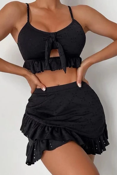 Kadın Desenli Bikini Takımı - 3 Parça (Siyah)