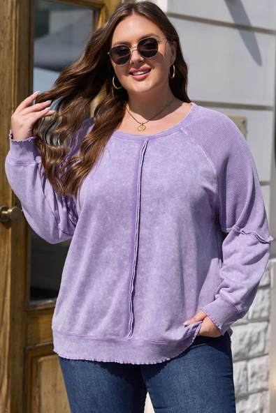 Büyük Beden Patchwork Detaylı Sweatshirt (Orkide Yaprağı)