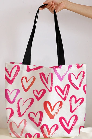 Kalp Desenli Kanvas Tote Çanta (Parlak Pembe) - 5