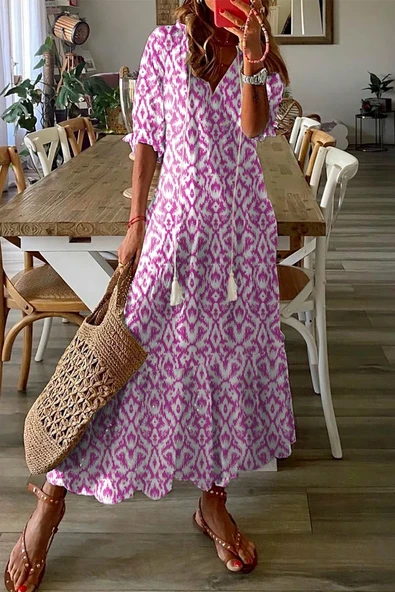 Kadın V Yaka Geometrik Desenli Maxi Elbise (Pembe)