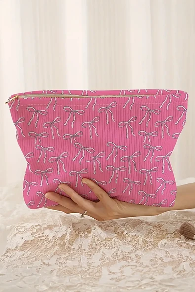 Kadın Fiyonk Detaylı Makyaj Çantası (Parlak Pembe)