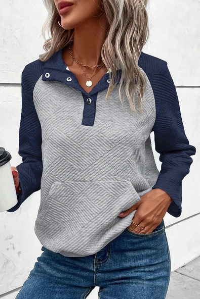 Kadın Gri Dokulu Raglan Kollu Bluz (Gri)