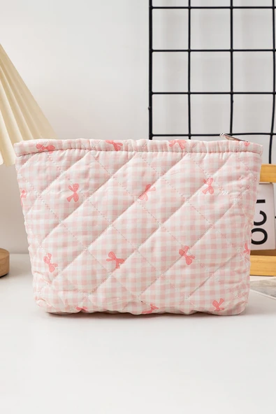 Fiyonk Detaylı Fermuarlı Makyaj Çantası (Pembe)