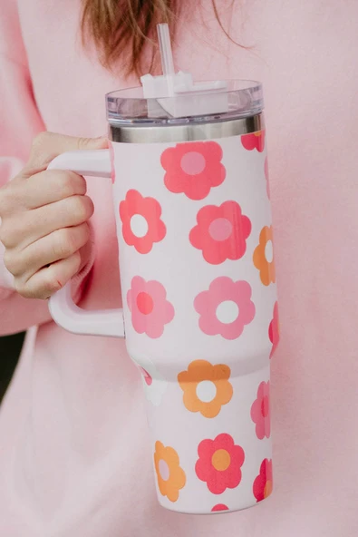 Çiçek Desenli Paslanmaz Çelik Termos Bardak - 40oz (Çok renkli)