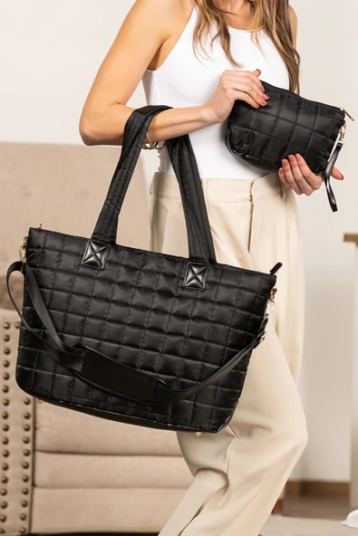 Kadın Kapitone Patchwork Büyük Tote Çanta ve Portföy Çanta 2'li Set (Siyah)
