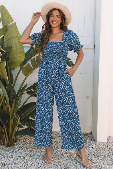 Boho Çiçek Desenli Kısa Kollu Tulum (Mavi)