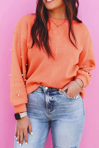 Kadın İnci Detaylı Yuvarlak Yaka Sweatshirt (Çiçekli)