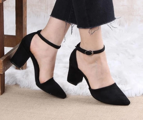 Merve BAŞ® Kadın Lila Süet Tek Bant Kalın Topuklu Klasik Ayakkabı 36 SİYAH - 5